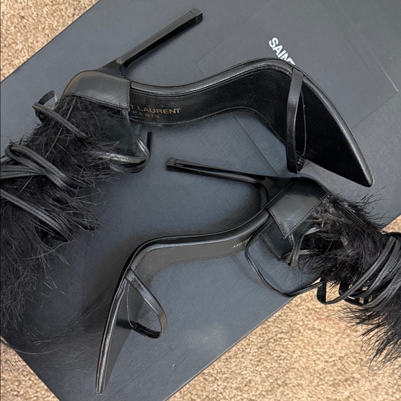 Saint Laurent Feather Lace-Up Heeled Sandals Black Leather Runway Statement 37 - Picture 11 of 16